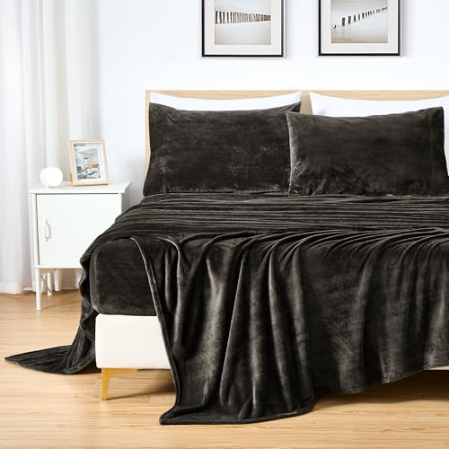 chezmoi Collection King Fleece Sheet Set Dark Brown