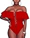 Tempt Me Women Red Sexy One Piece Swimsuit Ruffled Off Shoulder Lace Up Bathing Suit XL