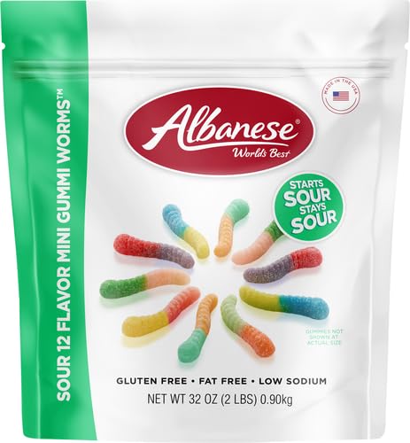 ALBANESE WORLD’S BEST SOUR 12 FLAVOR MINI GUMMI WORMS | 32OZ BAG OF CANDY | 12 UNIQUE SUPER SOUR FLAVORS, GLUTEN FREE, FAT FREE, SOFT AND CHEWY GUMMY WORMS | PERFECT TRAVEL SNACK AND TREAT FOR KIDS