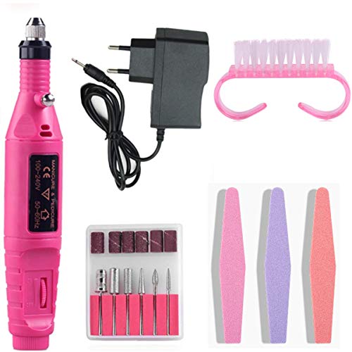 Portable Electric Nail Drill Kit - Professional Acrylic Nail File Manicure Pedicure Tool Kit Handpiece Grinder with Sponge Nail File and Nail Cleaning Brush