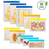 Reusable Food Storage Bags 10 Pack, MOICO 4 FDA Grade PEVA Reusable Sandwich Bags, 3 Reusable Snack Bags for Kids and 3 Large Leakproof Ziplock Freezer Bags for Home Kitchen, Travel & Make Up