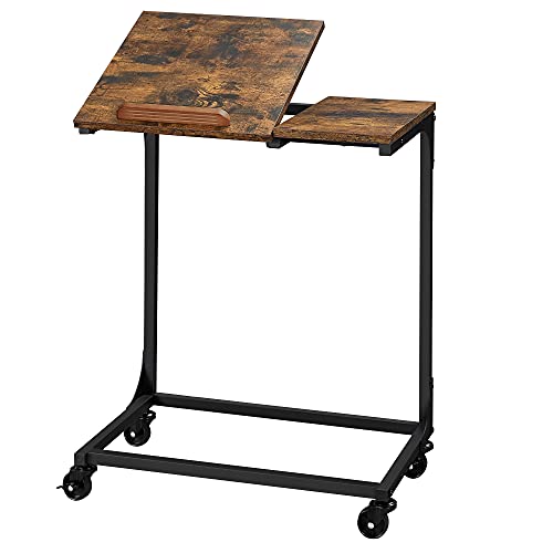 VASAGLE Tilting Top Side Table, Laptop Table with Lockable Wheels, C Shaped End Table, Adjustable Angle, Easy Assembly, for Living Room, Bedroom, Industrial Style, Rustic Brown and Black ULET352B01V1