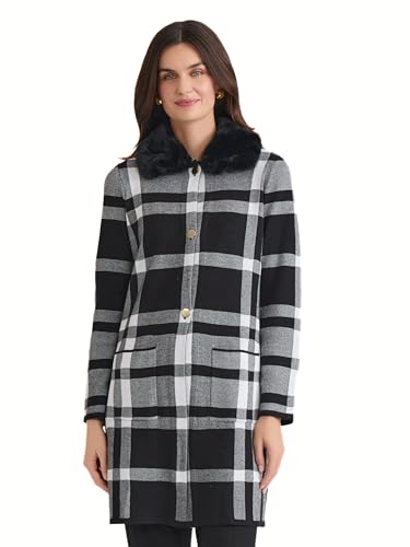 Kasper Women's Detachable Faux Fur Collar Plaid Cardigan Coat