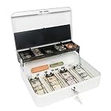 Certus Global Large Cash Box with Money Tray, Secure Lock, Cantilever Coin Tray 4 Bills/ 5 Coins (Crisp White)
