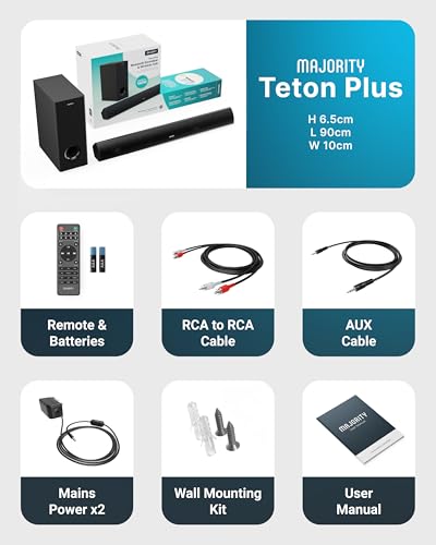 MAJORITY Soundbar with Wireless Subwoofer | 2.1 Channel TV Sound Bar | 180W Home Cinema Speaker System | Bluetooth Audio, HDMI ARC, Optical AUX | Wall Mountable Home Theatre Speakers Teton Plus
