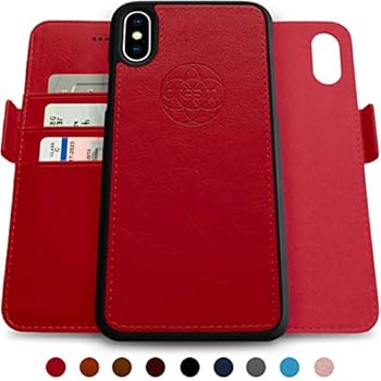 Dreem Fibonacci 2-in-1 Wallet-Case for iPhone X & Xs, Magnetic Detachable Shock-Proof TPU Slim-Case, RFID Protection, 2-Way Stand, Luxury Vegan Leather, Gift-Box - Red