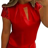 Pocciol Women Favorite Tops, 2018 Newly Women Soft Chiffon Lace Short Sleeve T Shirt Splice Crop Casual Top Blouse (Red -Pure Love, XL)
