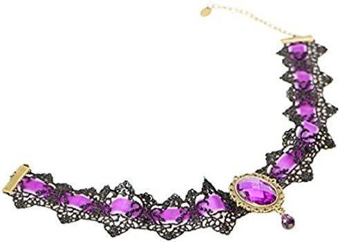 BOLY Womens Jewelry Gothic Retro Velvet Ribbon Black Lace Gemstone Pendant Collar Short Clavicle Necklace Choker Necklace Purple