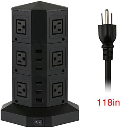Tower USB Surge Protector Power Strip with 12 AC Outlets and 6 ports USB Chargers Black Jiachan