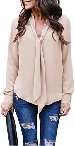 MARI CIAS Women's Bow Tie Neck Long Sleeve Loose Shirt Chiffon Office Work Blouse Tunic Tops