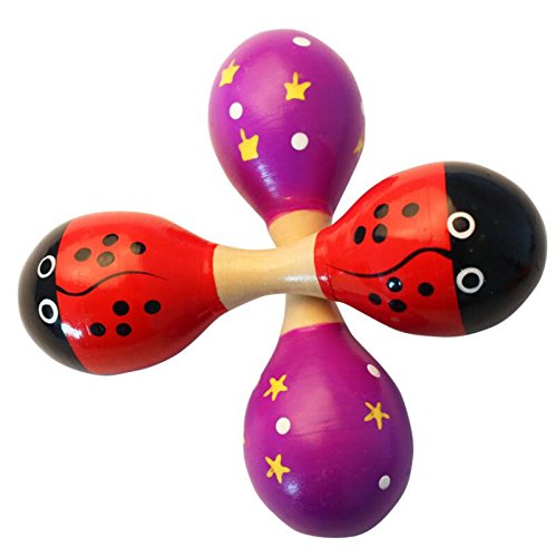 Wooden Maracas Double Head Rattle Shakers Percussion Musical Instruments Party Favor Kid Baby Toys,Set of 4 ,Assorted Colors and Designs - Thumbnail 3