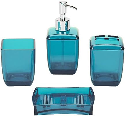 Bathroom Accessory Set - 4 Piece Bath Ensemble, Including-Soap Dispenser Pump, Toothbrush Holder, Tumbler, Soap Dish - plastic (Blue)