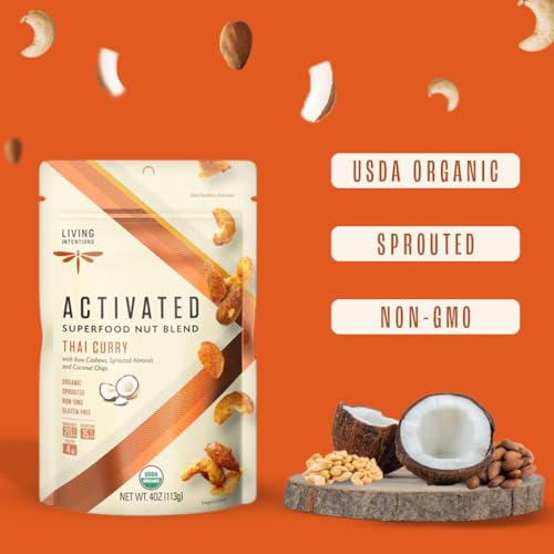 LIVING INTENTIONS SPROUTED ORGANIC NUT BLEND– THAI CURRY– NONGMO – GLUTEN FREE – VEGAN – PALEO – KOSHER – 4 OUNCE UNIT