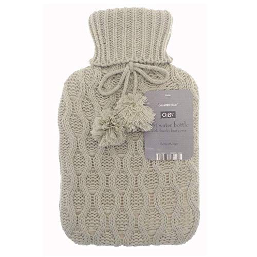The Good Life NATURAL CHUNKY SOFT CABLE KNITTED COVER WITH POM POMS HOT WATER BOTTLE