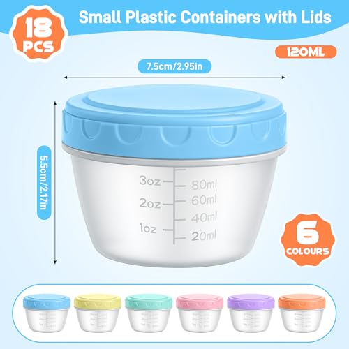 Fentar 18 Pieces Airtight Small Food Containers with Scale, 120ML Reusable Freezer Containers, Small Trays with Lids for Sauces, Yogurt (6 Colors)