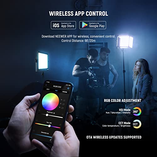 NEEWER RGB1200 60W RGB LED Video Light with APP & 2.4G Control, 22000 Lux@0.5m/1% Precise Min Dimming/360° RGB/CRI 97+/TLCI 98+/2500K-8500K/18 Light Scenes for Studio Lighting Photography Videography