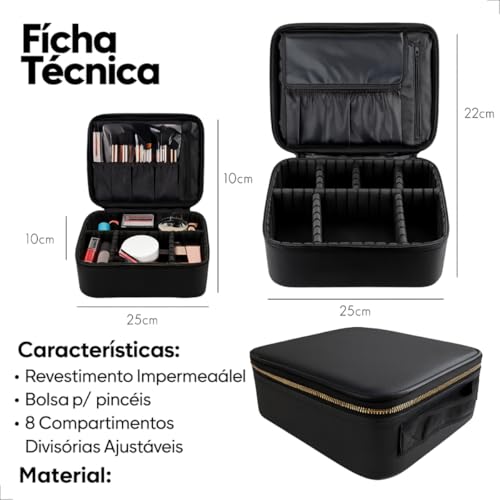 Maleta Necessaire Profissional para Maquiagem 25 x 23 x 10 cm Preta, com Divisórias Ajustáveis Porta Pincéis Impermeável Ideal para Viagem
