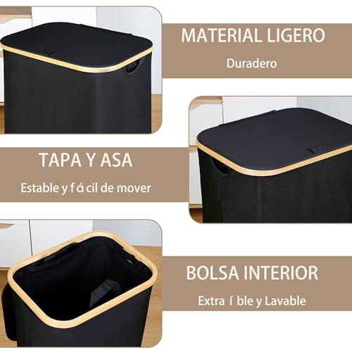 LIKYO Cesto de la Ropa Portátil Grande de 105L con Tapa Cesto de la Ropa Plegable con Tapa Ahorra Espacio en Taquillas, Dormitorios y Lavanderías, Adecuado Para Viajar, uso Doméstico（Negro）