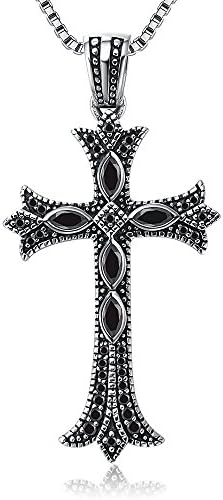 Sterling Silver 925 Natural Onyx Bible Lord's Prayer Cross Pendant Christian Jewelry (Black)