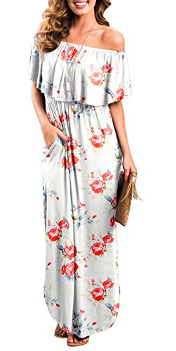 Womens Off The Shoulder Ruffle Party Dresses Side Split Beach Maxi Dress Flower02 S