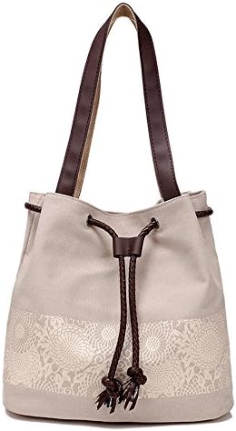 WLE A006 White Cream Comfort Tote Medium Size Canvas Printing Paisley Sun Flower Pattern Design Waterproof Shoulder Bags for Women Girls Ladies