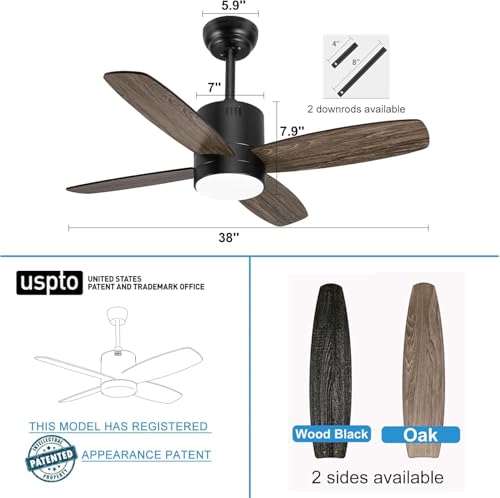 Ohniyou 38 Inch Ceiling Fan with Light and Remote, Small Outdoor Ceiling Fans with APP Control Dimmable Light, DC Ceiling Fan for Covered Porch
