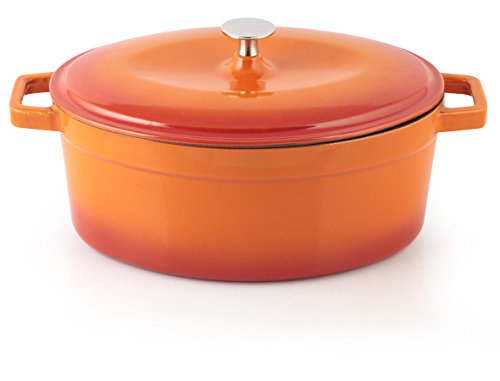 Click Here to See More Images Mabel Home Enameled Cast Iron Oval Dutch Oven, 5.3 Quart + with 2 Gloves (Orange)