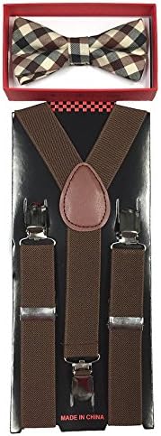 Brand New 2016 Kids Unisex Fashion Brown Suspenders Plaid Bow Tie Set