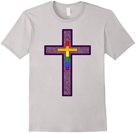 Men's Purple Gay Pride Rainbow Flag Christian Cross Large Silver