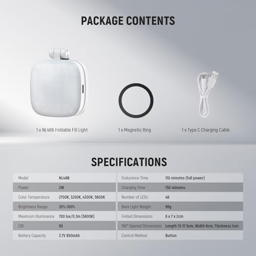 NEEWER BASICS Magnetic Selfie Light Compatible with MagSafe iPhone, CRI95 700lx/0.3 m Ring Light Folding LED Phone with Stand/Mirror for Zoom Makeup Photo Shooting Video Conference, White NL48B