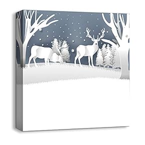 Canvas Wall Art Snow Deer Merry Christmas Painting Artwork for Home Prints Framed - 12x12 inches