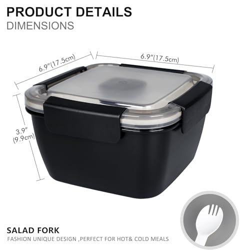 Greentainer Lunch Box 1500 ml 3 Removable Compartments, Fork + Dressing 2oz, Leakproof, BPA Free, Microwave Safe (No Lid), for Work, Picnic, Travel (Black)