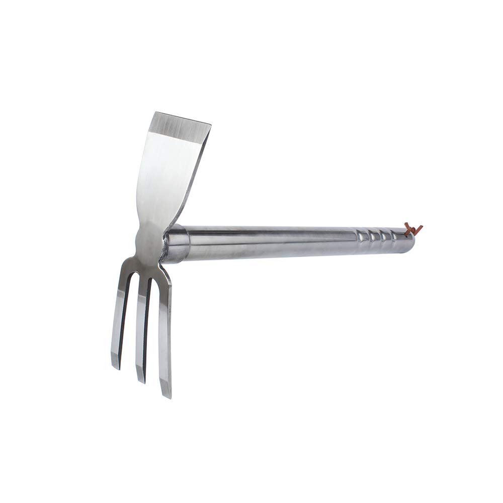 LUBAN combi hoe made of stainless steel, length: 39 cm, garden hoe with 3 tines & flat hoe, rustproof garden double hoe made of metal for weeding, hoeing, loosening, aerating