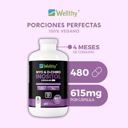 Wellthy Myo & D-Chiro Inositol 480 Cápsulas. Mezcla Óptima 40:1, 2400mg Myo Inositol y 60mg D-Chiro Inositol, Ingredientes 100% Naturales, 4 Meses de Consumo, Gluten Free, Sugar Free, Vegan.
