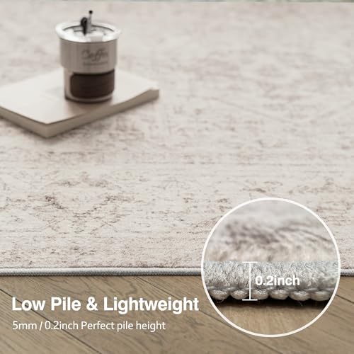 Fmfunctex 8x10 Washable Area Rug Beige Vintage Neutral Distressed Oriental Large Non Slip Carpet for Living Room Bedroom Soft Low Pile Tapis Salon Indoor Mat Retro Throw Rug for Dining Kitchen Office