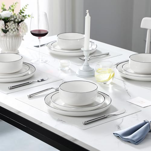MALACASA LUNA Crockery Set for 6 People, 18-Piece White Porcelain Dinner Service with Black Rim, Modern Dinner Set with 6 Dinner Plates, Dessert Plates and Cereal Bowls