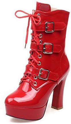 BeanFashion Women's Patent Leather Zipper High-Heels Mid-Top Solid Boots, Red-Chunky Heels, 38