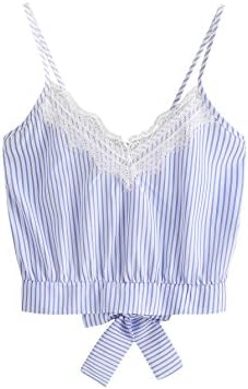 Jollymoda Women's Self Tie Back V Neck Crop Cami Top Camisole (Blue, L)