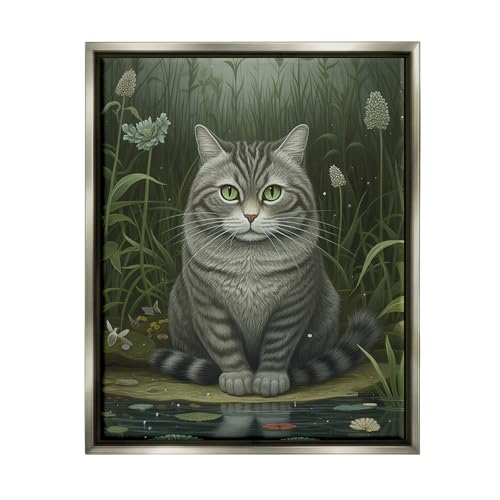 Stupell Industries Cat & Pond Lilies Framed Floater Canvas Wall Art by LSR Desi…