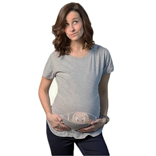 Women's Grey Half Sleeve Cute Sneak Peek Child Printed Pregnancy Maternity T-Shirt Top Tee
