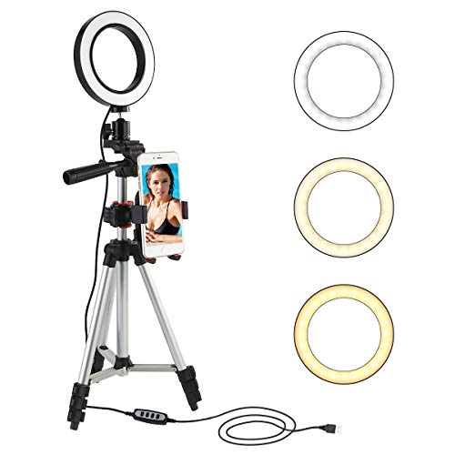 5.7” Ring Light with Phone Tripod Stand, Mini LED Camera Light Desktop Table Lamp with 360° Rotation Cell Phone Holder for YouTube Video, Live Stream, Makeup - 3 Lighting Modes & 11-Level Brightness