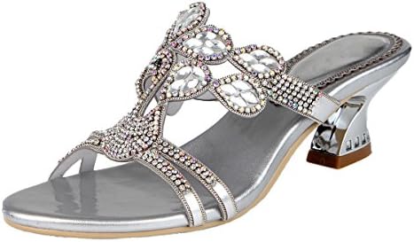 Jiandick Womens Rhienstone Chunky Heels Evening Wedding Dress Slide Sandals, Silver, 7.5 B(M) US