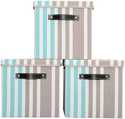 Legacy Home 12" Foldable Woven Cloth Cube Storage Bins with Lid, 3 Pack, Teal &amp; Grey, with Faux Leather Handle