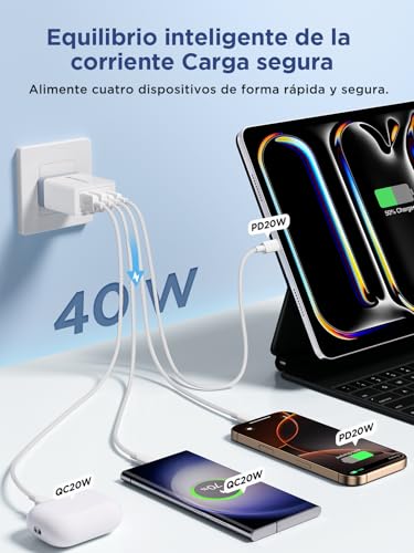 Aioneus USB C Charger 40W, iPhone Charger Fast Charging with Multiple USBC Plug and USB C Cable 2M 60W Adapter Type C Carregador for iPhone 17 16 15 14 13 12 11 Pro MAX Plus, iPad, Samsung