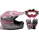 TMS Youth Kids Pink Dirt Bike ATV Motocross Helmet with Goggles and Gloves (Large)