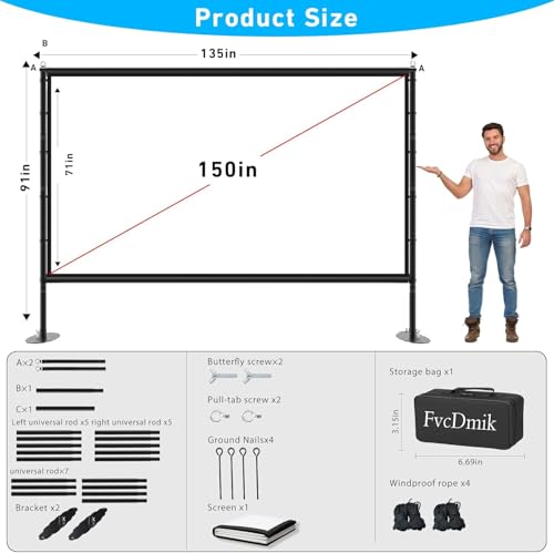 FvcDmik 150 inch Projector Screen with Stand, 16:9 4K HD Portable Outdoor Movie Screen, Wrinkle-Free Foldable Indoor Projection Screen with Carry Bag & Ground Nails (150)