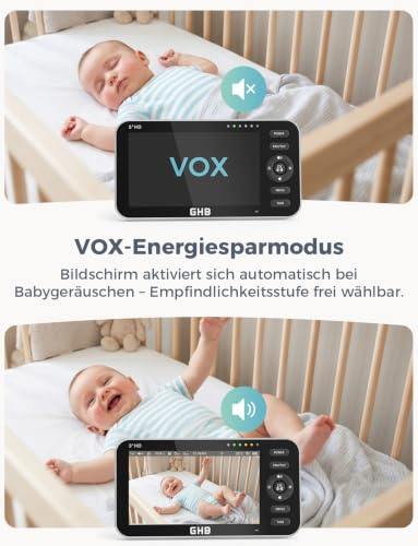 GHB Baby Monitor with Camera 5 Inch 720P HD Display with up to 168 Hours Battery Life in VOX Sleep Mode Split Screen Display Night Vision 4X Zoom Swivelling