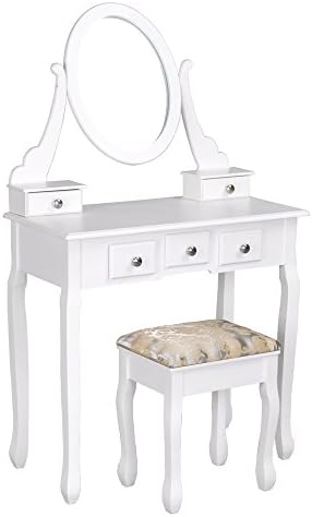 Ihouse Vanity Shabby Chic Bedroom Dressing Makeup Table Set w/5 Drawers Stool Set w/Mirror White