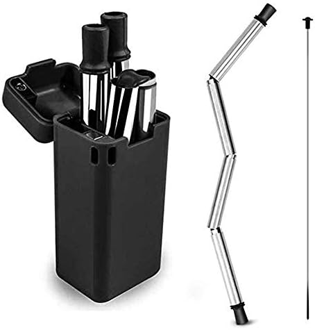 Collapsible Reusable Straws with Case and Keychain,Portable Stainless Steel Silicone Straws Drinking Reusable for Travel Include Cleaning Tool (Black)
