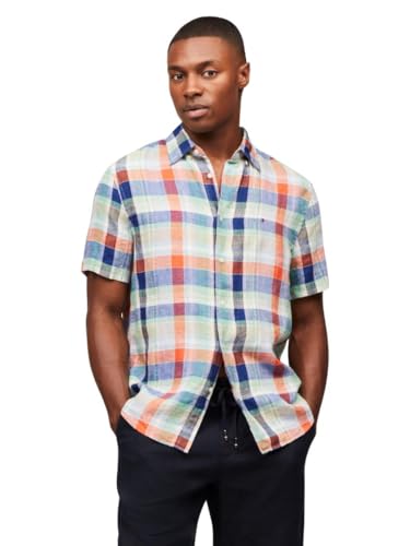 Tommy Hilfiger Men’s Linen Summer Check Regular Short Sleeve Shirts, Brilliant Orange/Check XX-Large